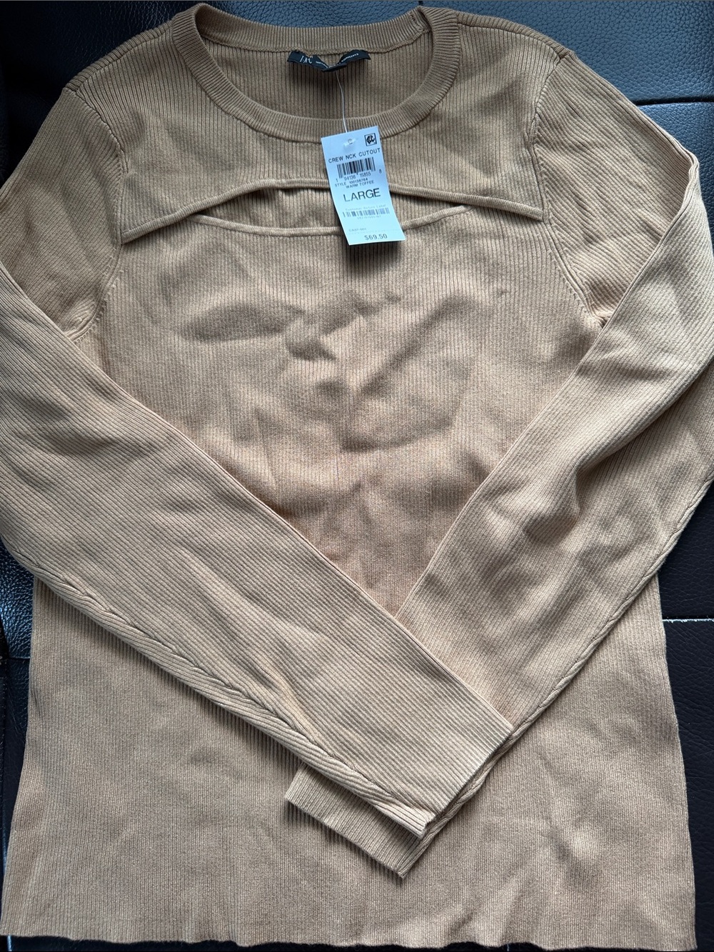INC International Concepts Warm Toffee Ribbed Crew Neck Cutout Sweater